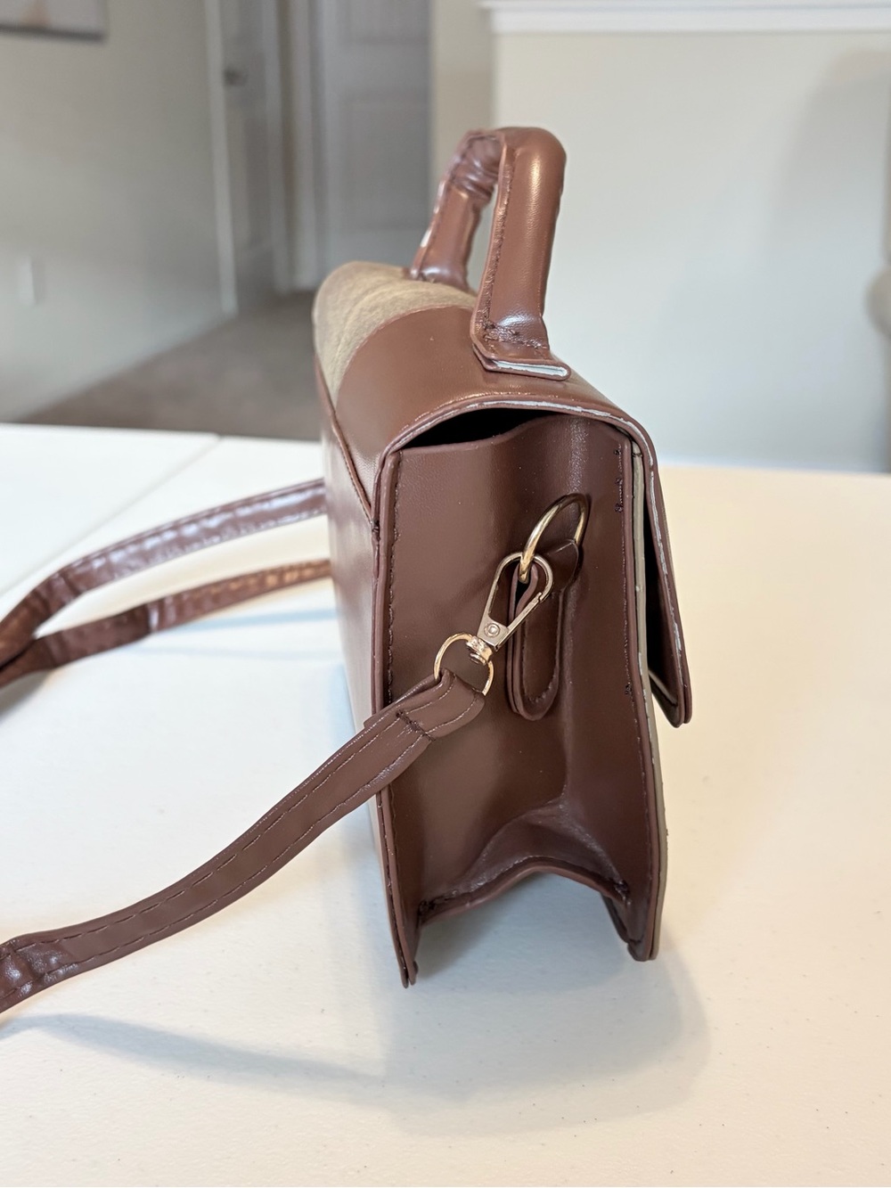 Brown Patchwork Top-Handle Crossbody Bag. - Picture 3 of 5